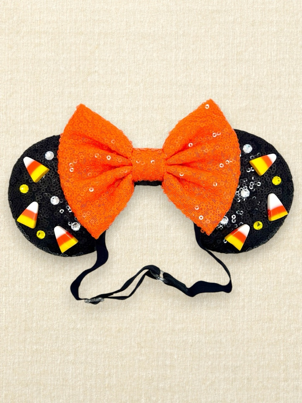 Elastic Black Sequin Candy Corn Minnie Ears | Disney-Inspired Mouse Ears